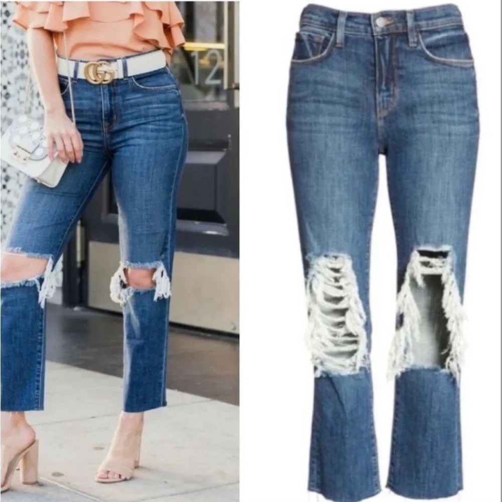 NWT L'AGENCE Jordan Cropped Straight High Rise Distressed Jeans 28 Medium Wash
